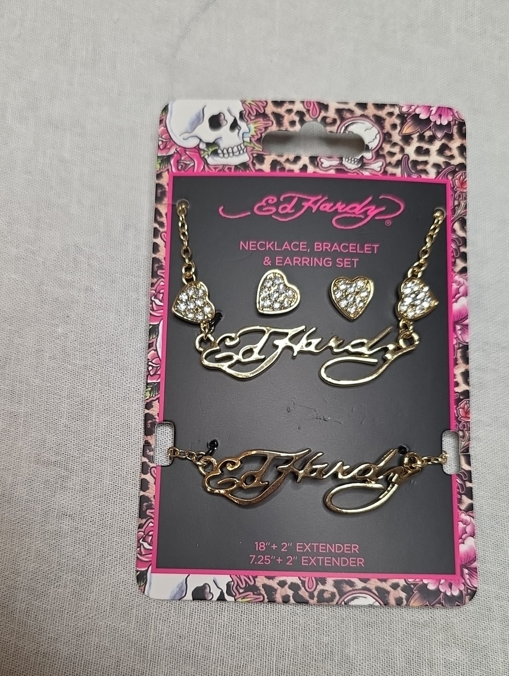 Ed Hardy Love Gold Script Logo Jewelry Set with Clear Crystal Hearts